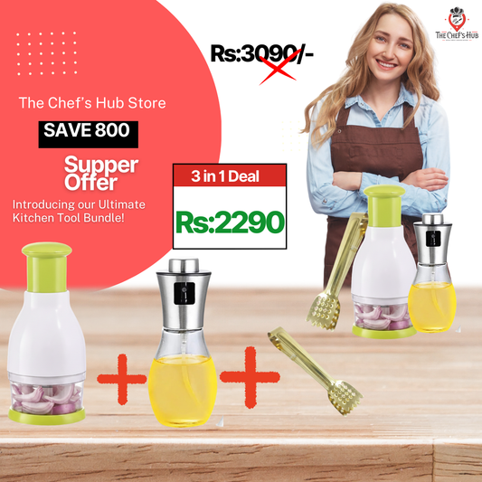 3 in 1 Super Kitchen Deal – Oil Spray Bottle, Garlic Chopper & Gold Serving Tongs